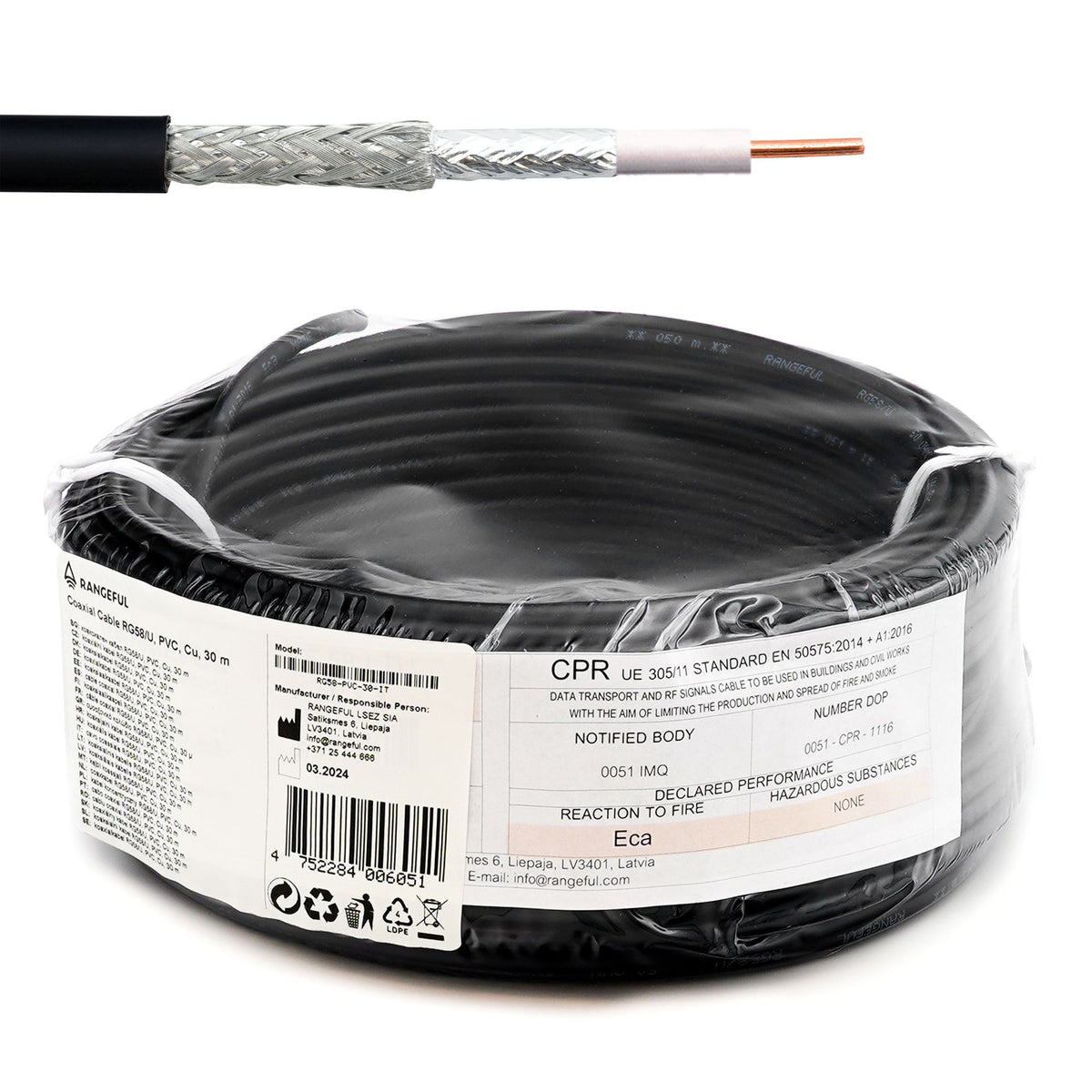 Rangeful RG58U 30m (98ft) Low Loss RF Coaxial Cable 50 Ohm RG58-PVC-30-IT