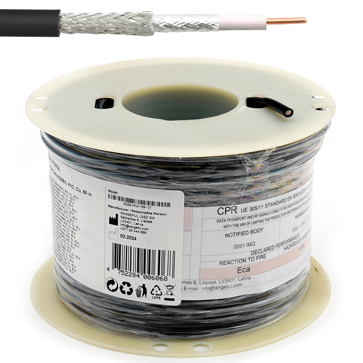 Rangeful RG58U 50m (194ft) Low Loss RF Coaxial Cable 50 Ohm RG58-PVC-50-IT