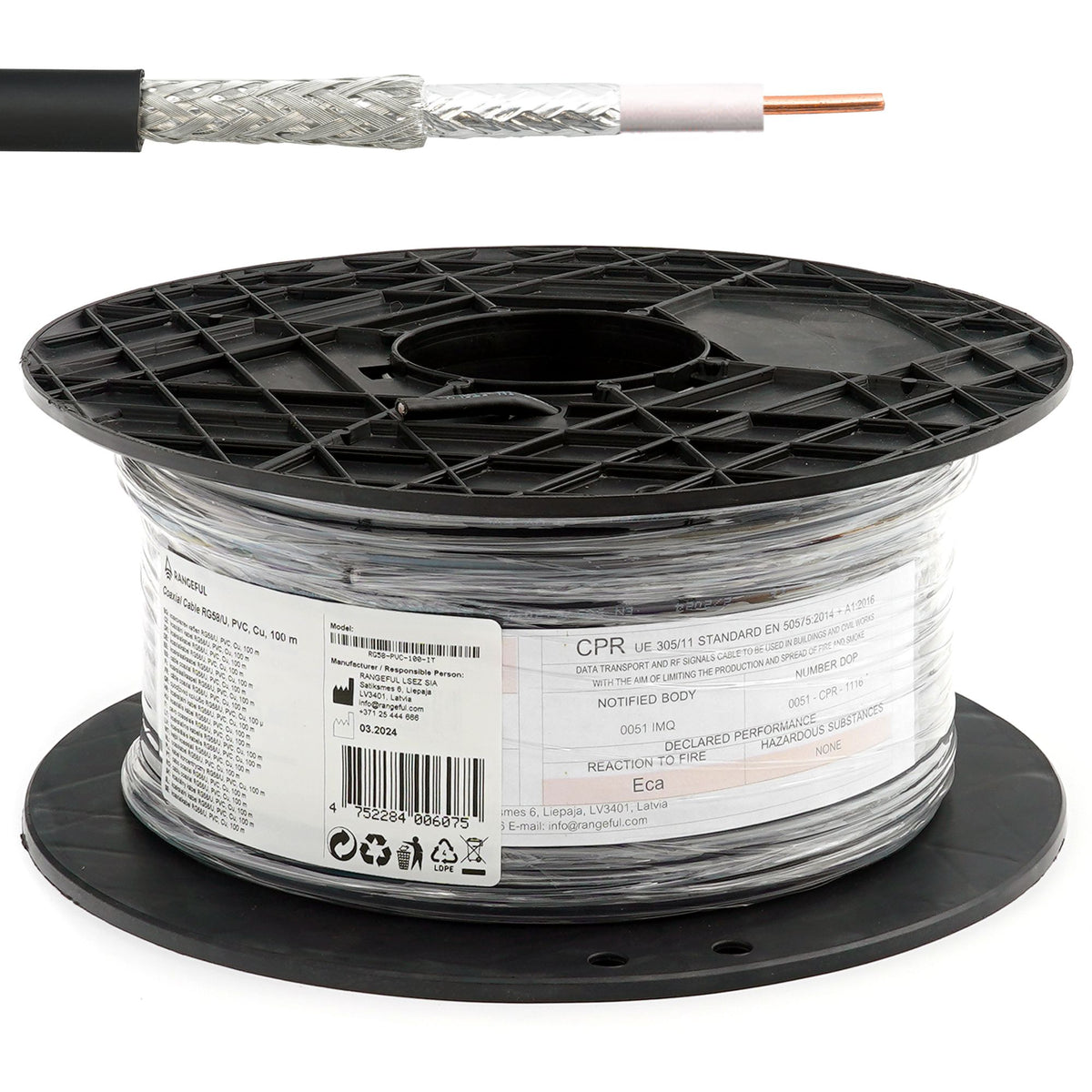 Rangeful RG58U 100m (328ft) Low Loss RF Coaxial Cable 50 Ohm RG58-PVC-100-IT
