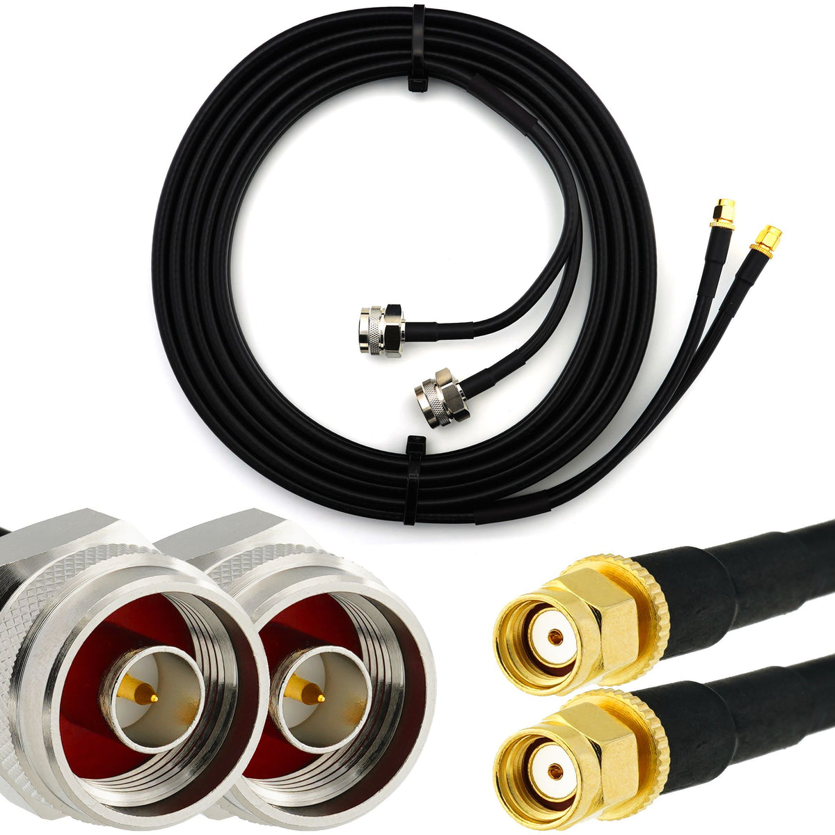 Rangeful RP-SMA Male to N Male Hex 12m Twin Coaxial Cable — HF240 (LMR240 equivalent) HF240T-RPSM-NMH-12