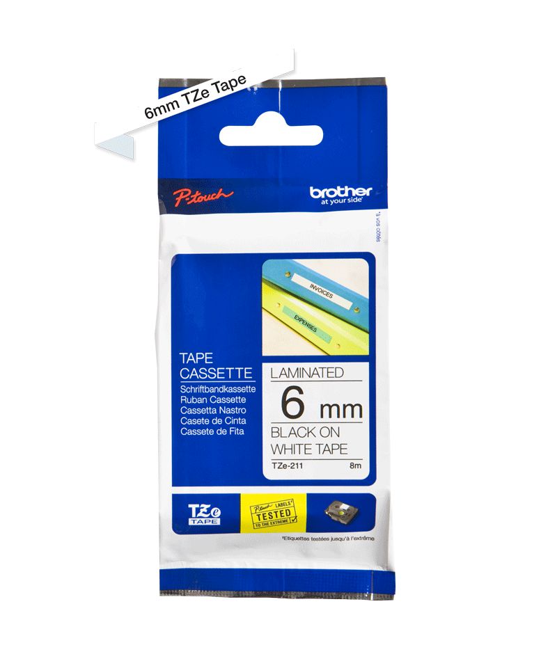 Brother TZE211 6MM BLACK ON WHITE TAPE